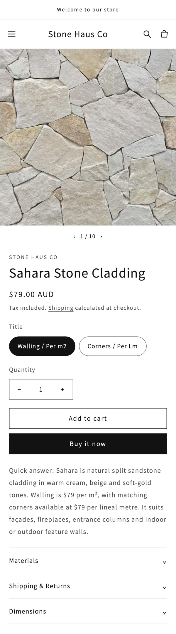 Before: Stonehaus Co's Sahara Stone Cladding page on Shopify's default Dawn theme